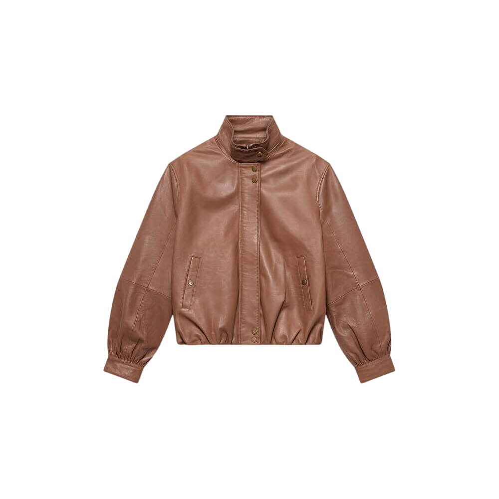 Mint Velvet Tan Leather Funnel Neck Jacket